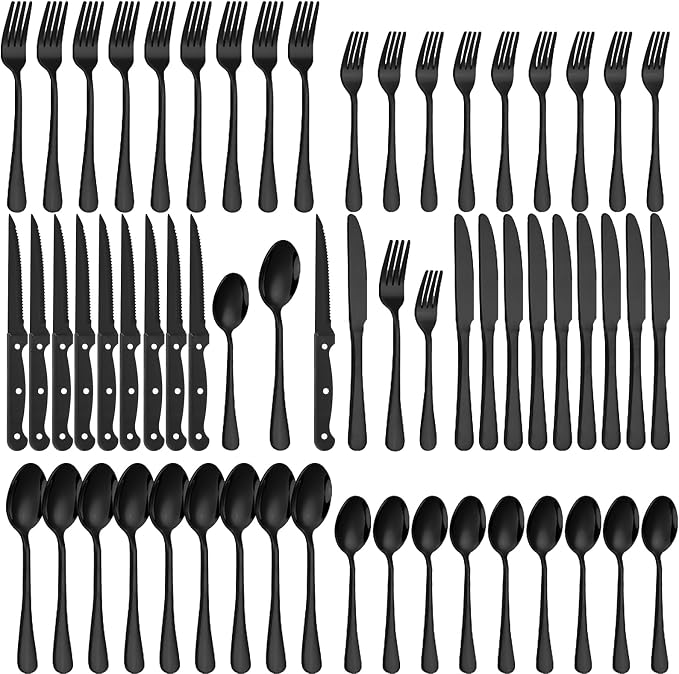 60-Piece Black Silverware Set with Steak Knives Black Stainless Steel Flatware Set for 10 Food Grade Tableware Cutlery Set Rust-proof, Mirror Polished, Dishwasher Safe