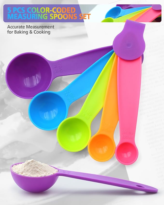 Measuring Cups and Spoons set, Collapsible Measuring Cups, 4 piece Measuring Tool Engraved Metric/US Markings for Liquid & Dry Measuring, Space Saving, BPA Free Silicone, Colorful