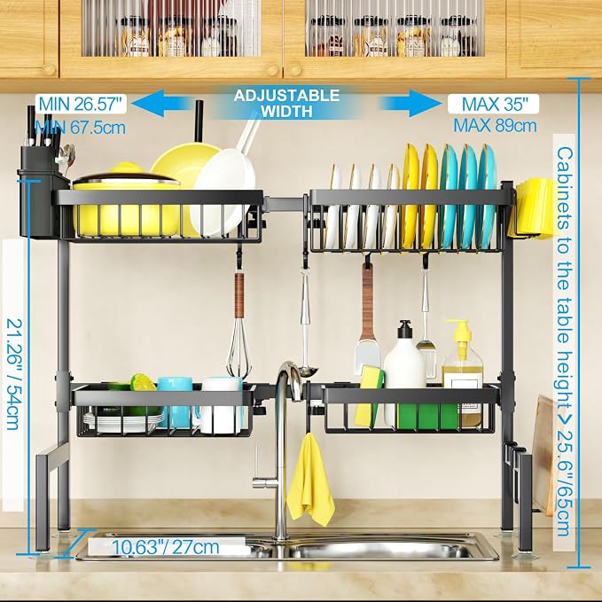 SNSLXH 4 Baskets 2-Tier Over The Sink Dish Drying Rack, 26.57"-35" | Large Dish Drying Rack for Kitchen, Extensible and Adjustable, Saving Kitchen Space