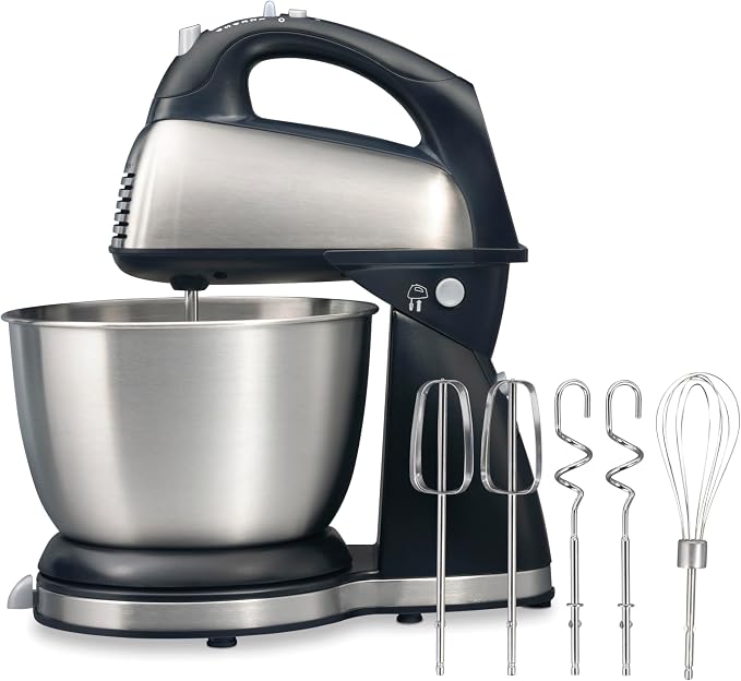 Hamilton Beach Classic Stand and Hand Mixer, 4 Quarts, 6 Speeds with QuickBurst, Bowl Rest, 290 Watts Peak Power, Black and Stainless | 2-in-1 Versatility | QuickBurst For Added Power | 290 Watts Peak Power | Built-In Bowl Rest | Black and Stainless Steel