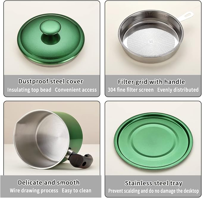 Kyraton Bacon Grease Container With Strainer, 48 oz Metal Shining Green Coating Oil Container, Pot Fat Storage With Lid, Easy Grip Handle Suitable For Storing Frying Oil And Cooking Grease