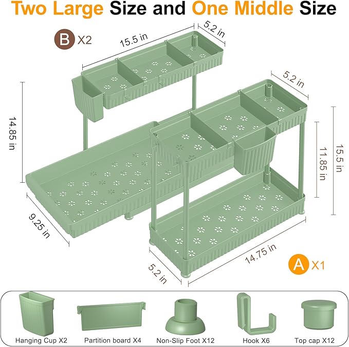 3-Pack 2-Tier L-Shaped Under Sink Organizers with Sliding Drawers | Multi-use kitchen & bathroom storage, 14.85 inch green cabinet organizer, space-saving sliding drawer design.