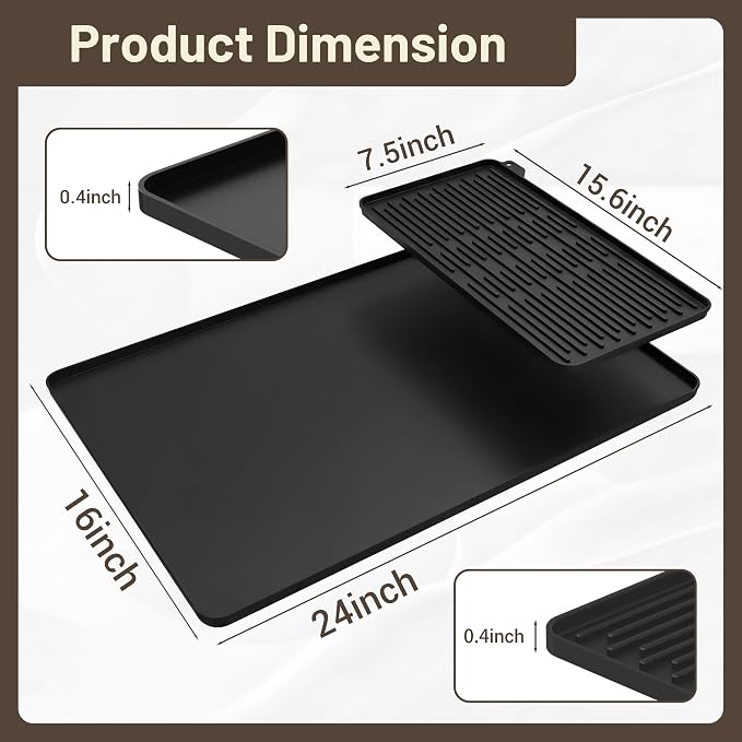Silicone Coffee Mat for Countertop, 24x16 inch Heat Resistant Espresso Machine Mat, Non-Slip Coffee Bar Mat with Detachable Drying Area and Raised Edge, Waterproof Station Pad - Black