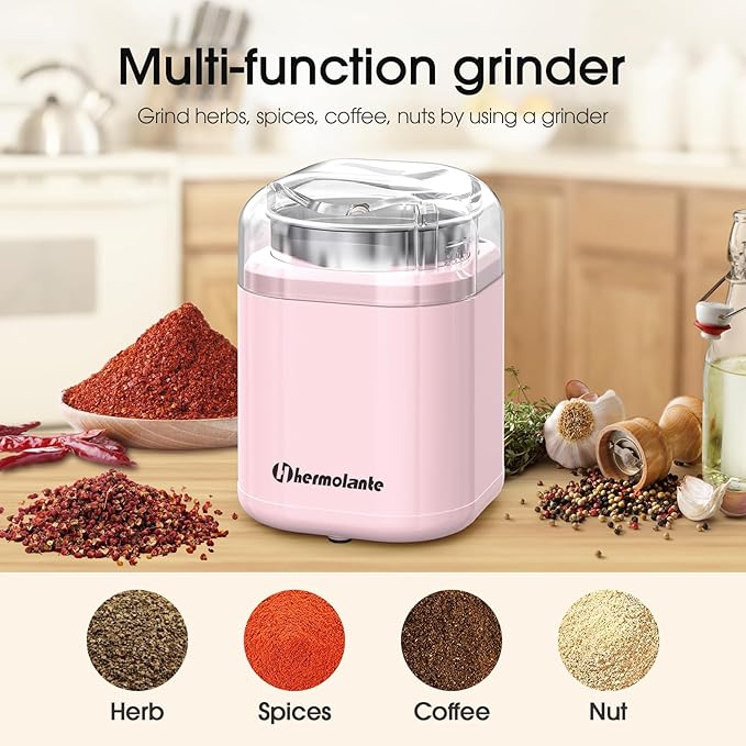 Hermolante Herb and Spice Grinder, 200W Electric With Stainless Steel Blade, Cleaning Brush - Compact Size 5.11in (Pink)