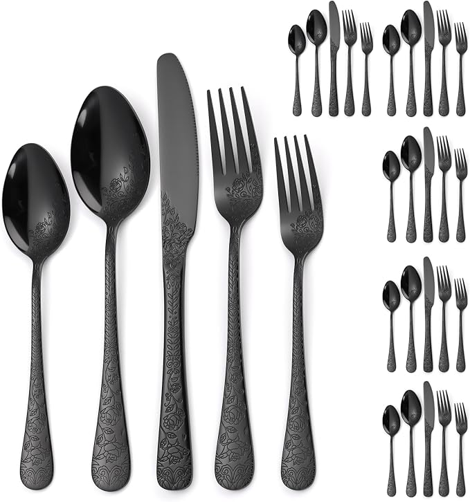 Floral Flatware Set Black for 6 Stainless Steel Silverware 30 Piece Cutlery Unique Eating Utensils Tableware Stylish Fork Spoon Knife With Embossing Rose Flower Handle Festival Parties
