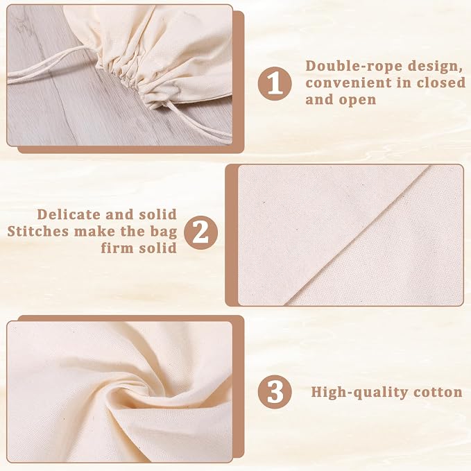 10 Pcs Reusable Produce Bags, 12"x10" Natural Linen Bread Bag Muslin Bags with Drawstring, X-Large Washable Fabric Multipurpose Canvas Cloth Gift Bag for Kitchen Food Storage, Shoe Grocery Organizer