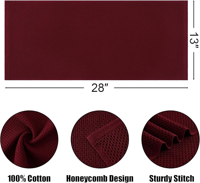 Kitinjoy 100% Cotton Waffle 4-Pack Kitchen Towels, 13" x 28", Burgundy | Super Soft, Ultra-Absorbent, Fast Drying, lightweight, Quick Drying Kitchen Hand Towels