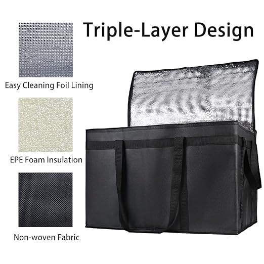 Bodaon 5-Pack Insulated Food Delivery Bag for Hot and Cold Meal, XXX-Large, Grocery Tote Insulation Bag for Catering, Pizza Warmer, Black | Hot/Cold Meal Tote Insulation, Catering Pizza Warmer, Commercial Heavy Duty Reusable Transport Carrier for Rides...