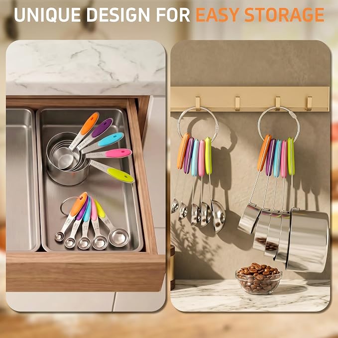 Measuring Cups and Spoons Set of 10 Pieces | Stainless Steel Nesting Measuring Cups Set with Colorful Silicone Handles, Kitchen Utensils for Cooking Baking