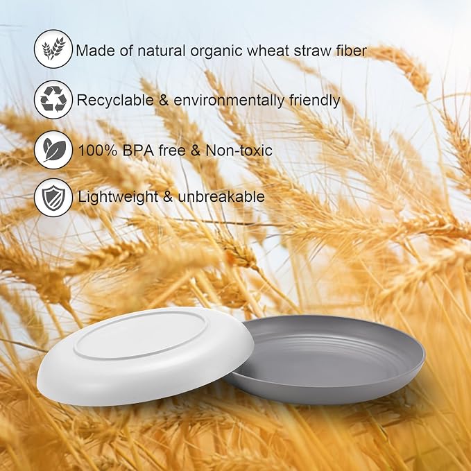 HEYCOME 12 Pcs Unbreakable Deep Dinner Plates Set, 10 inch Reusable Plastic Wheat Straw Plates, Microwave and Dishwasher Safe Plate for Kitchen, Lightweight Plate for Dessert, BPA Free, Gray