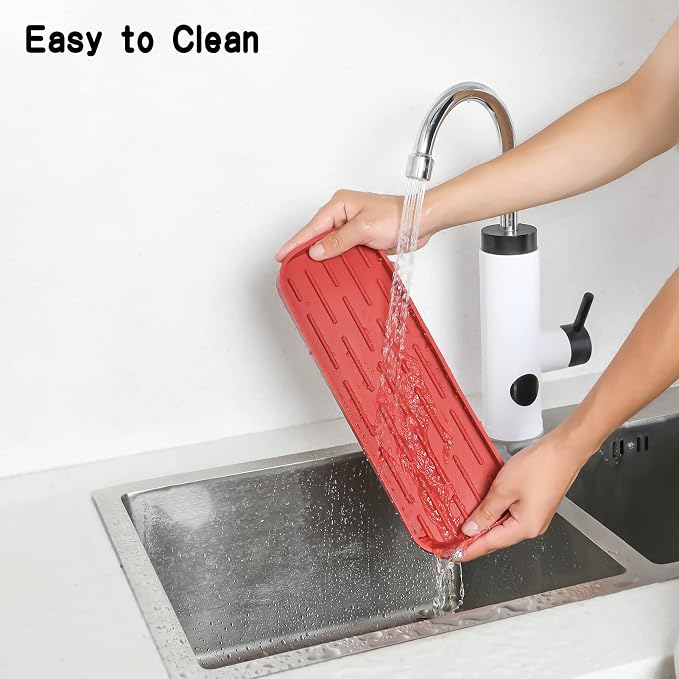 MicoYang Silicone Kitchen Sink Organizer Tray for Multiple Usage,Eco-Friendly Sponges Holder for Kitchen Bathroom Counter or Sink,Dish Soap Dispenser,Scrubber,Bottle,Cup (Red, 12"×4")