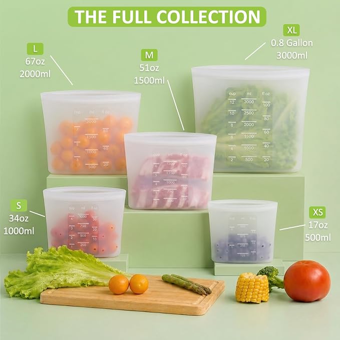 100% Silicone Reusable Storage Bag, 9 Pack Stand-Up Wide-Mouth Zip-Lock Food Storage Bags, Easy-Fill Easy-Open Easy-Clean Space-Saving, Microwave & Dishwasher Safe, 1 XL/3 L/1 M/3 S/1 XS, Translucent