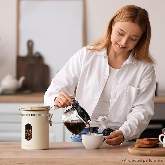Veken Coffee Canister with Window, Airtight Stainless Steel Container, 22OZ | Gifts For Women, Kitchen Food Storage for Beans,Ground,Espresso,Rice,Tea,Sugar,Cereal,Bar Accessories,Lids,Jars, Scoop, Cream