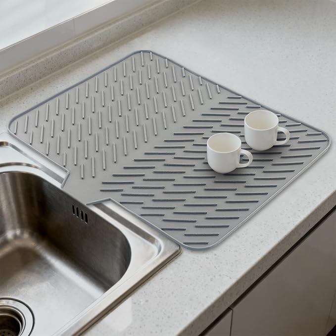 Silicone Dish Drying Mat for Kitchen Counter, Gray-1pcs, 23" x 17" | Heat Resistant & Non-Slip Dish Drain Pad with Built-In Drain, Dishwasher Safe, Quick-Dry, Hangable & Roll-Up for Storage