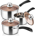 LIANYU 1QT & 2QT & 3QT Saucepan Set with Lids, 18/10 Stainless Steel Sauce Pan Cookware Sets, Kitchen Cooking Small Pots with Long Heatproof Handle, Easy Clean & Dishwasher Safe