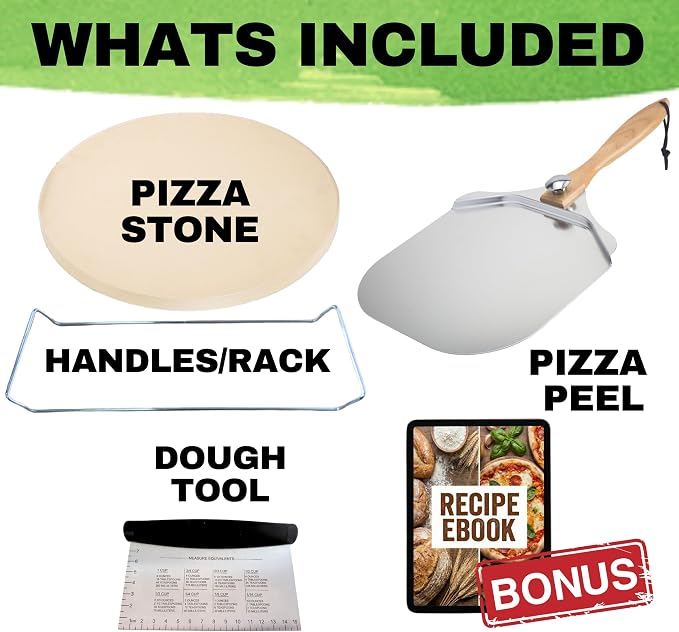 Round Pizza Stone for Oven 16 inch - Large Pizza Stone for Grill with Handles, Metal Pizza Peel & Steel Dough Cutter Tool - Baking Stone for Bread - Oven Stones - Pizza Making Set