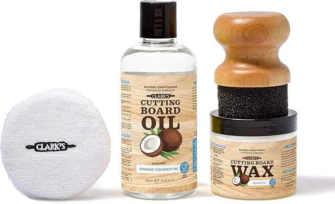 CLARK'S Food Grade Cutting Board Care Kit, Coconut Scent - 4 Pack | Includes Organic Coconut Oil, Cutting Board Wax, Oil & Wax Applicator & Buffing Pad For Butcher Blocks & Countertops