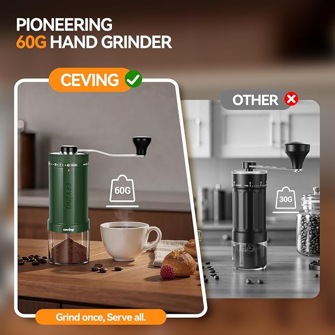 CEVING World's First 60g Large Capacity Manual Coffee Grinder, Green | 40 External Settings, Portable Hand Coffee Bean Mill with Stainless Steel Conical Burr for Travel, Camping, Pour Over & Gift