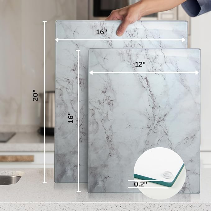 Glass Cutting Board 16"x12": Tempered Glass Kitchen Counter Protector - Durable- Scratch-Resistant, Heat-Proof - Design 3 - Grey Marble Effect