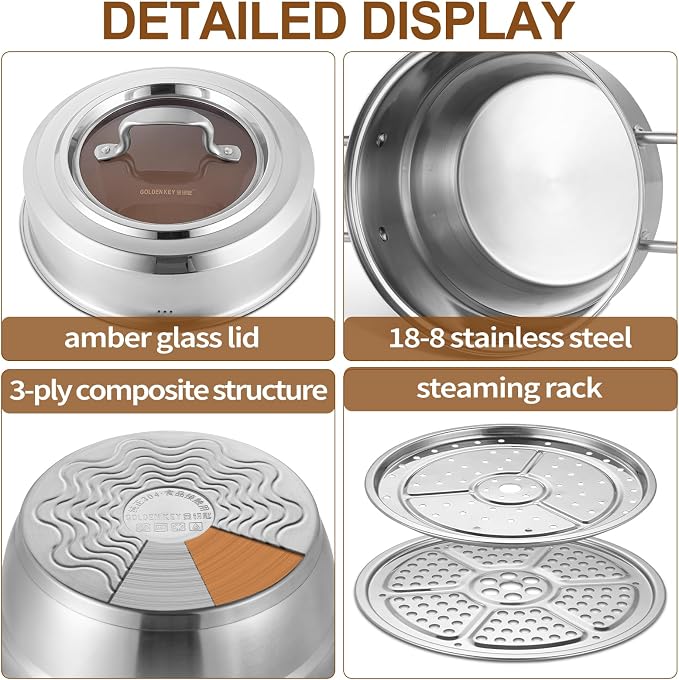 GOLDEN KEY 7.4 QT Steamer for Cooking, 2-Tier Multipurpose 18/8 Stainless Steel Steamer Pot with Lid for Vegetable, Seafood, Rice, Dumplings, Works with Gas Electric Induction Stove