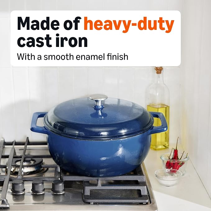 Amazon Basics Enameled Cast Iron Dutch Oven Pot with Lid, Round, Dual Handles, Heavy-Duty, Oven Safe for Stews, Roasting, Baking, 7.3-Quart, Navy