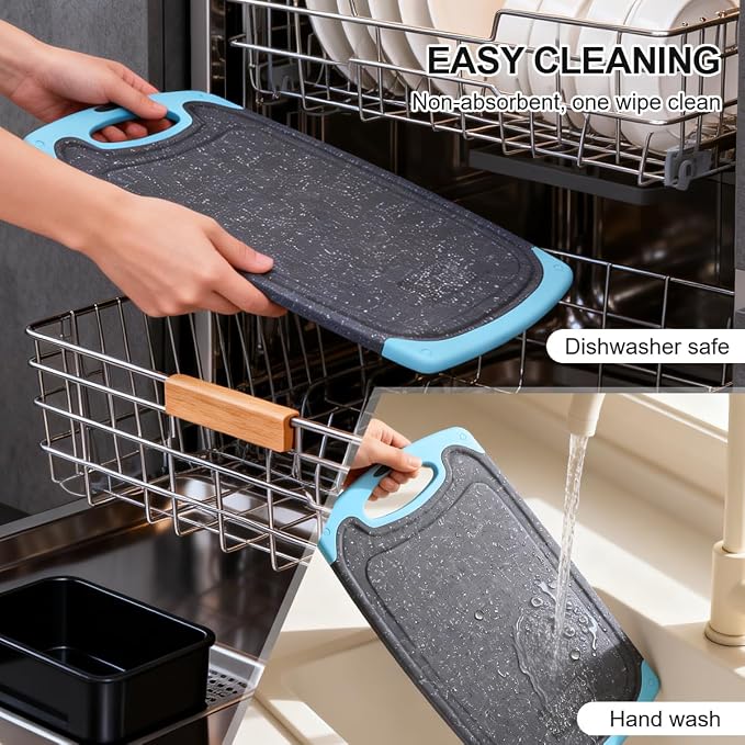 Plastic Cutting Boards for Kitchen non BPA, 3 Pieces, Dishwasher Safe, Aqua | Chopping boards Set with Juice Grooves, Easy Grip Handle, Non-Slip, Grinding Area for Grinding Garlic and Ginger