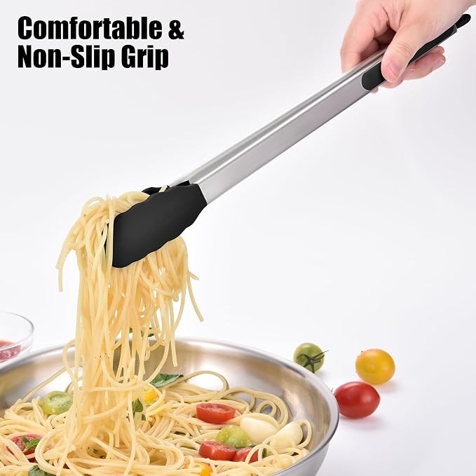 Doosu Kitchen Tongs with Silicone Tips for Cooking Serving (16in, Black) | 600°F Heat Resistant Food Tong, Heavy Duty Stainless Steel Locking Tong for BBQ, Grilling Steak, Salad, Toast, Pasta