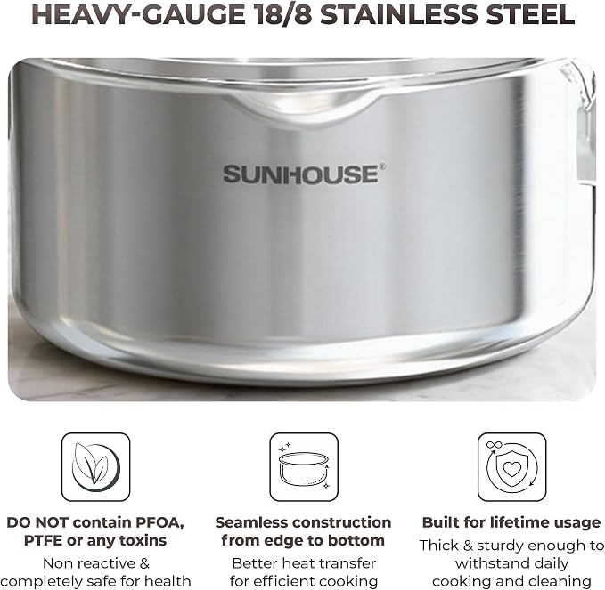 SUNHOUSE 1.5 QT Sauce Pan with Lid & Pour Spouts, Tri-Ply Base | Small 18/10 Stainless Steel Pot & Milk Pan with Cover - Induction Compatible - PFOA Free, Dishwasher Safe