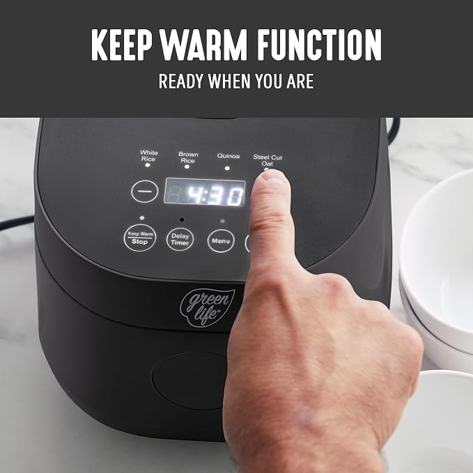 GreenLife Digital Rice Cooker, 2-Cups Uncooked/4-Cups Cooked, Black | PFAS-Free Ceramic Nonstick Coated 1.5QT Pot, One-Touch Presets, Oats, Quinoa, Brown Rice, Auto Warming, Fuzzy Logic Tech