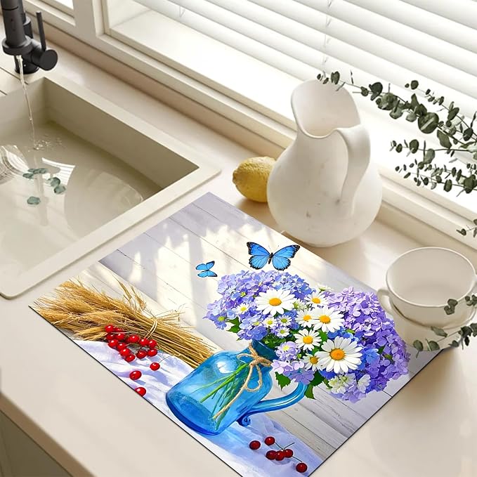 HOMETITUTE Blue Vase Flower Stove Top Cover 28x20 Heat Resistant Mat