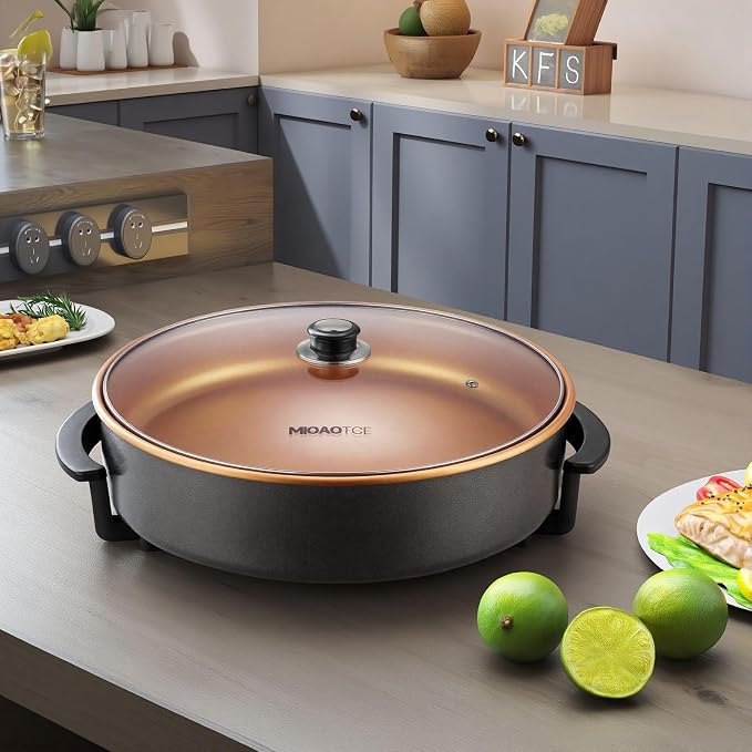 16" Extra Large Electric Skillet with lid, Ceramic Nonstick Coating Electric Frying Pan, 1500W Quick & Even Heating, 5 Adjustable Temperature Control, Tempered Glass Lid & Cool-Touch Handles