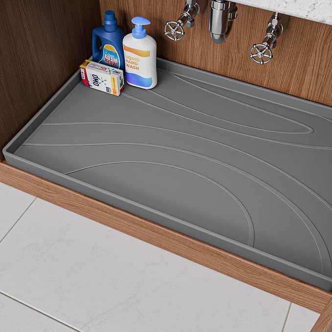 Under Sink Mat 28" x 19", Silicone Under Sink Liner for Kitchen and Bathroom, Waterproof Cabinet Protector Drip Tray, Protects Cabinets from Leaks and Spills