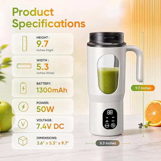 20 oz Portable Blender, 12-Blade USB-C Rechargeable, White | Personal mixer cup with handle for shakes, smoothies, protein drinks, fruit and small ice, self-cleaning design