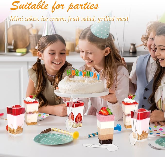 mwellewm 240 Pcs Dessert Cups with Spoons 120 Pcs 3 OZ Mini Clear Plastic Desert Parfait Cup 120 Pc Spoons for Party Small Square Serving Wine Shot Disposable Fruit Ice Cream Mousse Appetizer Bowl