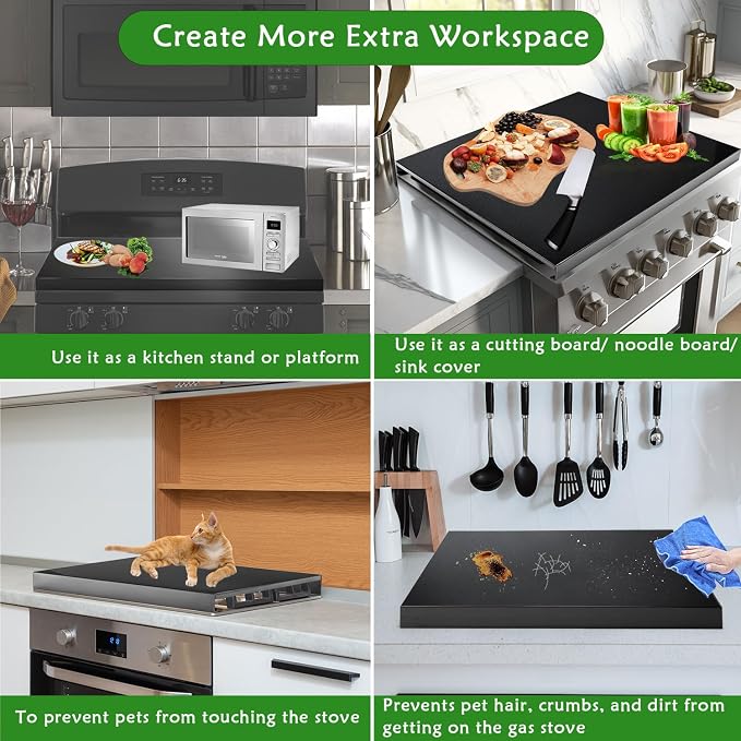 Gas Stove Cover Board, Resistance to Heat Range Covers for Gas Stove | Large Black Stove Top Covers (L30’’ x W22'' x H2.75 '') with Anti-slip Silicone Feet, Anti-collision Corner Guards