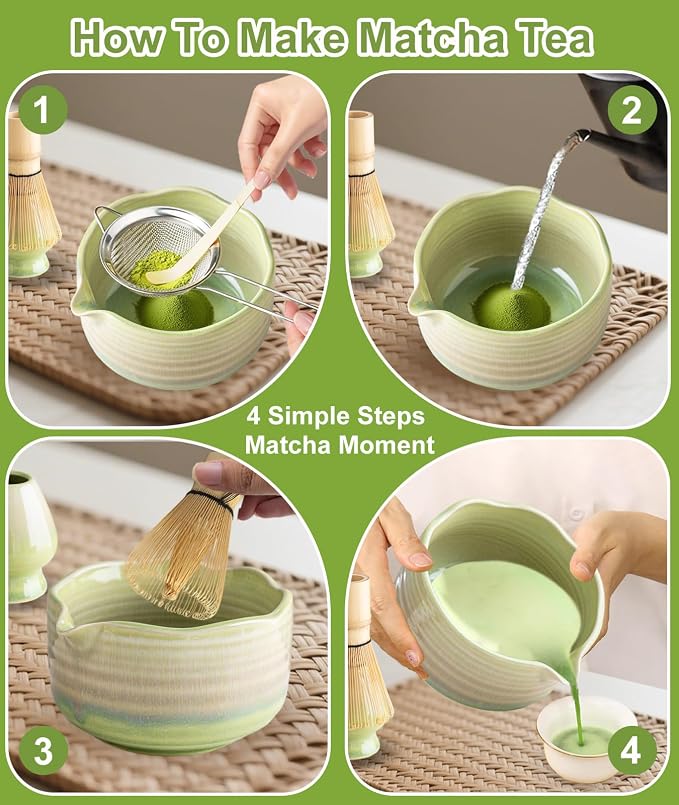 JBER Matcha Set, 7PCS Ceramic Matcha Whisk Set for Matcha Lovers Ceremony | Matcha Kit Gift Includes 17oz Bowl, Bamboo Whisk (Chasen), Holder, Powder Sifter for Matcha Starter, Gradient Green Yellow