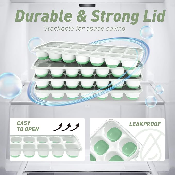 ChefAide Ice Cube Tray with Lid, 2 Packs 28 Cubes Durable Stackable Ice Cube Trays for Freezer with Removable Lids, Easy-Release Plastic & Silicone Ice Tray for Cocktail, Coffee