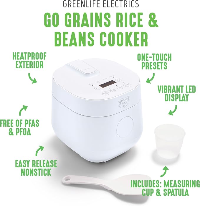 GreenLife Digital Rice & Beans Cooker, 2-Cups Uncooked/4-Cups Cooked, Removable Nonstick Ceramic PFAS-Free Pot, One-Touch Presets, Oats, Quinoa, Brown Rice, Auto Keep Warm, Fuzzy Logic Tech, 1.5 QT, White