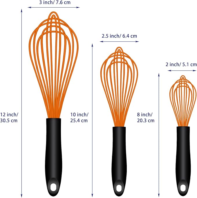 OYV Orange Silicone Whisk Set of 3, 8/10/12 Inch, Dishwasher Safe | Sealed Waterproof Handles, Non-Scratch Silicone-Coated Wires, Nonstick-Safe, Durable Stainless Steel Cores, Easy To Clean