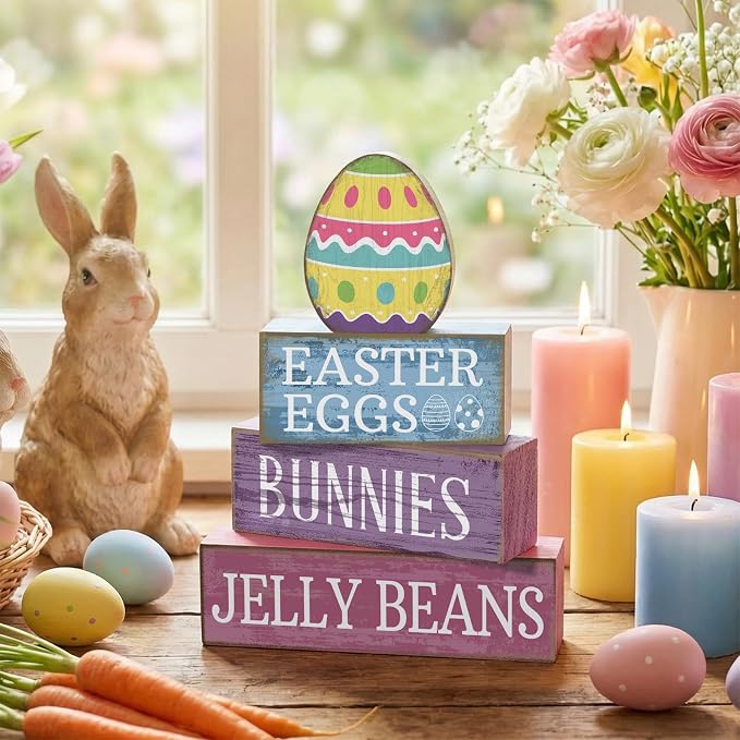 Lineshading 4 Pcs Easter Block Signs, Farmhouse Tiered Tray Decor Wooden | Rustic Blocks with Easter Eggs Bunnies Jelly Beans Text, Colorful Egg Topper, Spring Tabletop Shelf Mantel Gift