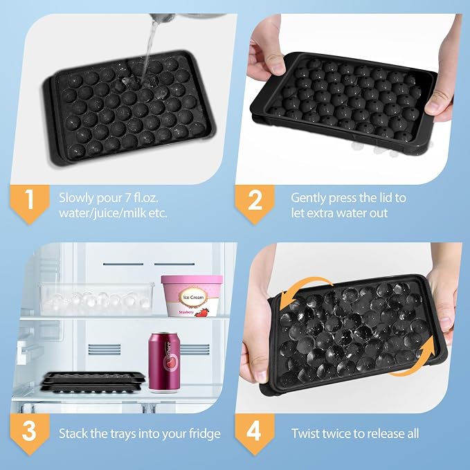 Ice Cube Tray with Lid and Bin, 0.8" Round Ice Trays for Freezer | 2 Black Ice Cube Trays with Ice Box & Tong, 0.8" Round Ice Balls for Iced Coffee & Juice, Easy Twist Release, For Gatherings