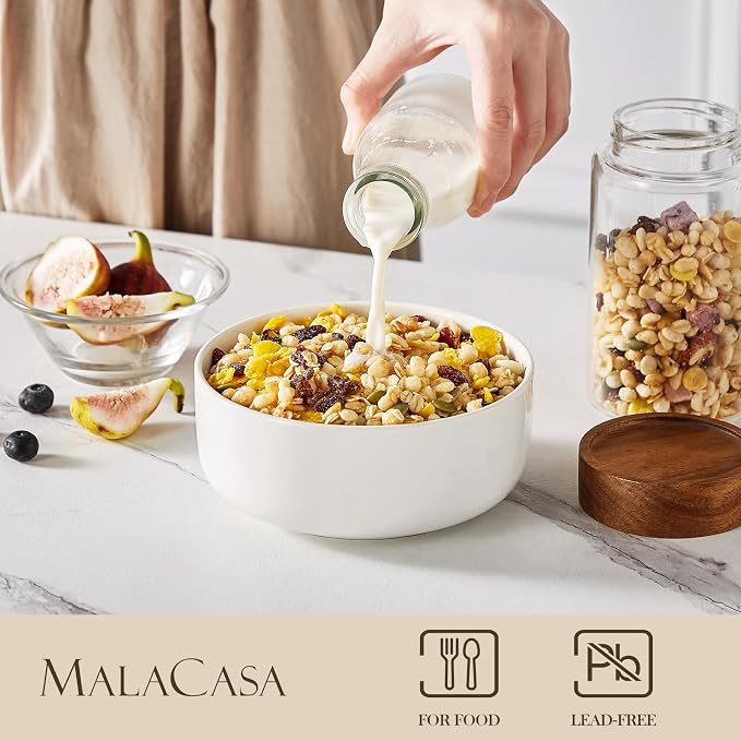 MALACASA 24 OZ Cereal Bowls, Porcelain Soup Oatmeal Bowls Set of 6, Kitchen Ceramic Serving Bowl, Dishwasher Microwave Oven Safe, White, Series LUNA