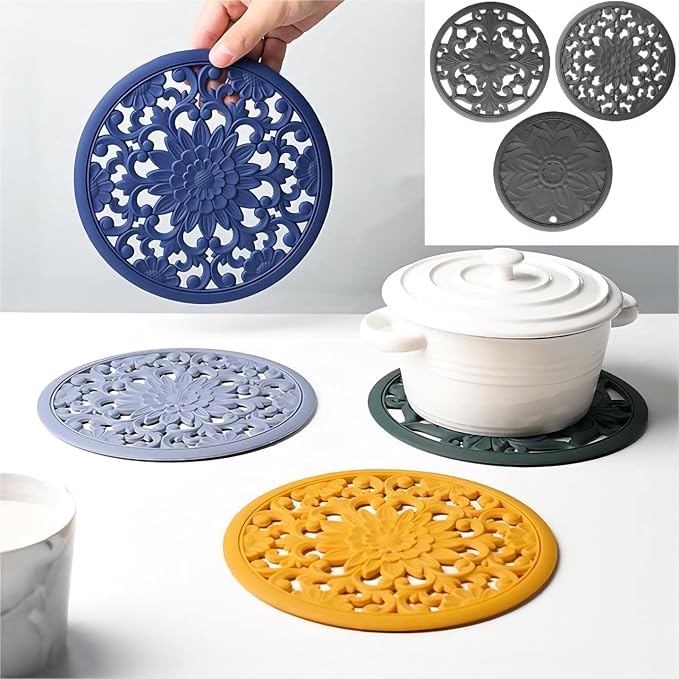 Silicone Trivets - Silicon Mats for Hot Pots and Pans, Multi-Use Carved Hot Pads, Flexible Modern Kitchen Table Mat, Heat Resistant Round Teapot Coaster Set of 3 Blue