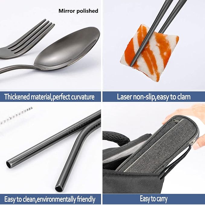 Portable Reusable Travel Utensils Silverware with Case,Travel Camping Cutlery set,Chopsticks and Straw, Flatware Cutlery with Case, Stainless steel Utensil set Top (Black)