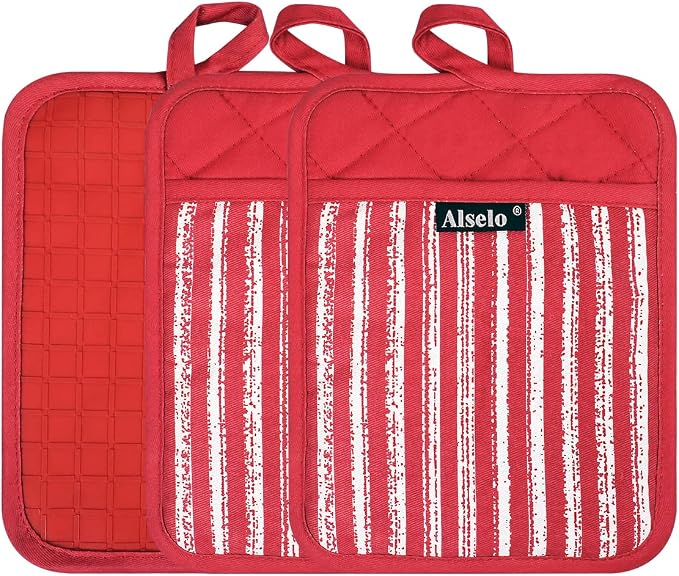 Alselo Silicone Pot Holders Set of 3 Heat Resistant & Non Slip Potholders | Professional Oven Hot Pads with Pockets Mitts for Kitchen Cooking Baking Barbecue (Red, 3)