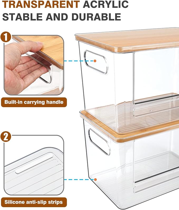 Trash Bag Dispenser 2 Pack - Under Sink Organizer, Plastic Bag Holder | Stackable Acrylic Garbage Bag Storage with Bamboo Lid for Kitchen Cabinet, 13/30/33 Gallon Grocery Bag Dispenser