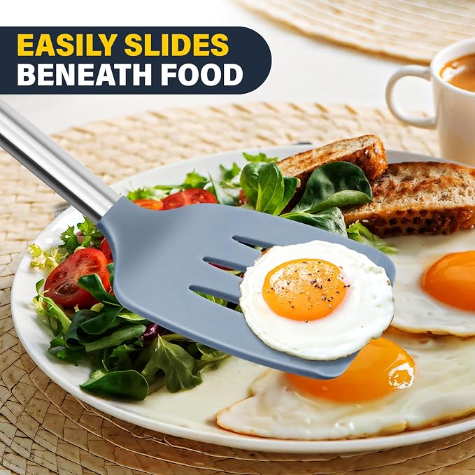 2 Pack Silicone Spatula Set, Solid & Slotted Turner for Non-Stick Pans, High Heat Resistant Silicone Spatula for Cooking, BPA-Free Stainless Steel Cooking Utensils for Fish, Eggs, Pancakes, Blue