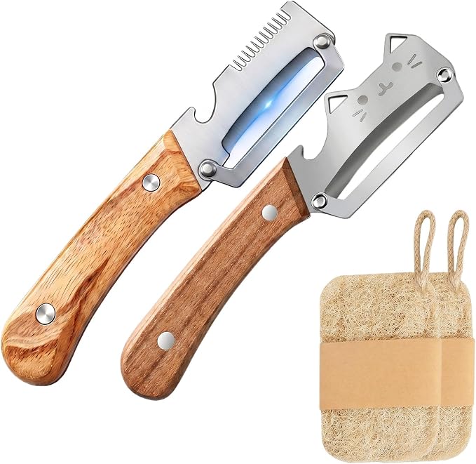 3-in-1 Vegetable Peeler and Julienne Shredder, Combo Pack | Stainless steel 3-in-1 peeler with wood handle, bottle opener and natural loofah sponge for vegetables, scallions and prep.