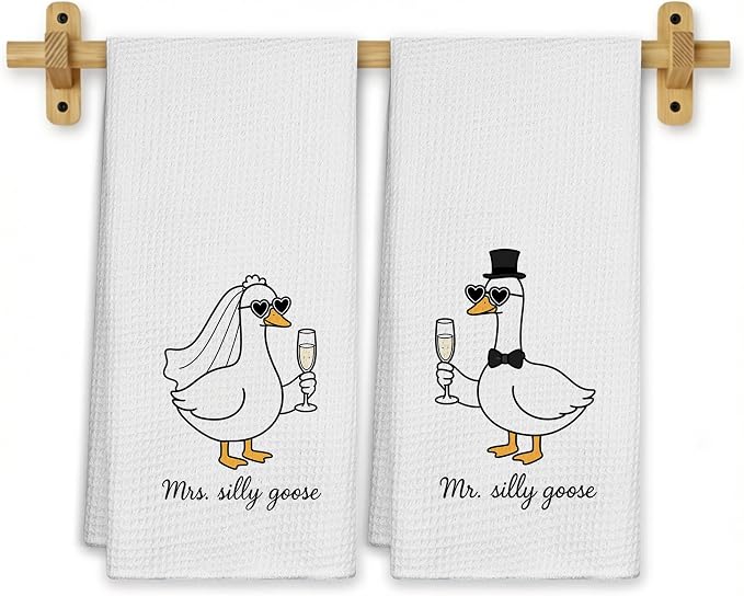 Funny Silly Goose Kitchen Towels, Bachelorette Party Gifts Dish Tea Towels for Kitchen Decor, Engagement Newly Engaged Gifts for Couples Decorative Hand Towel for Bathroom, 16x24 Inch Set of 2