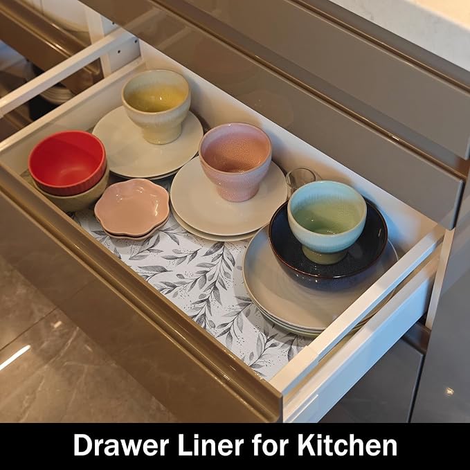 Shelf Drawer Liners Non Adhesive and Strong Non-Slip Waterproof | Shelf and Drawer Liners for Kitchen Cabinet Wire Fridge, Shelf Drawer Liner,Easy to Clean,12IN x 10FT,Gray Leaf